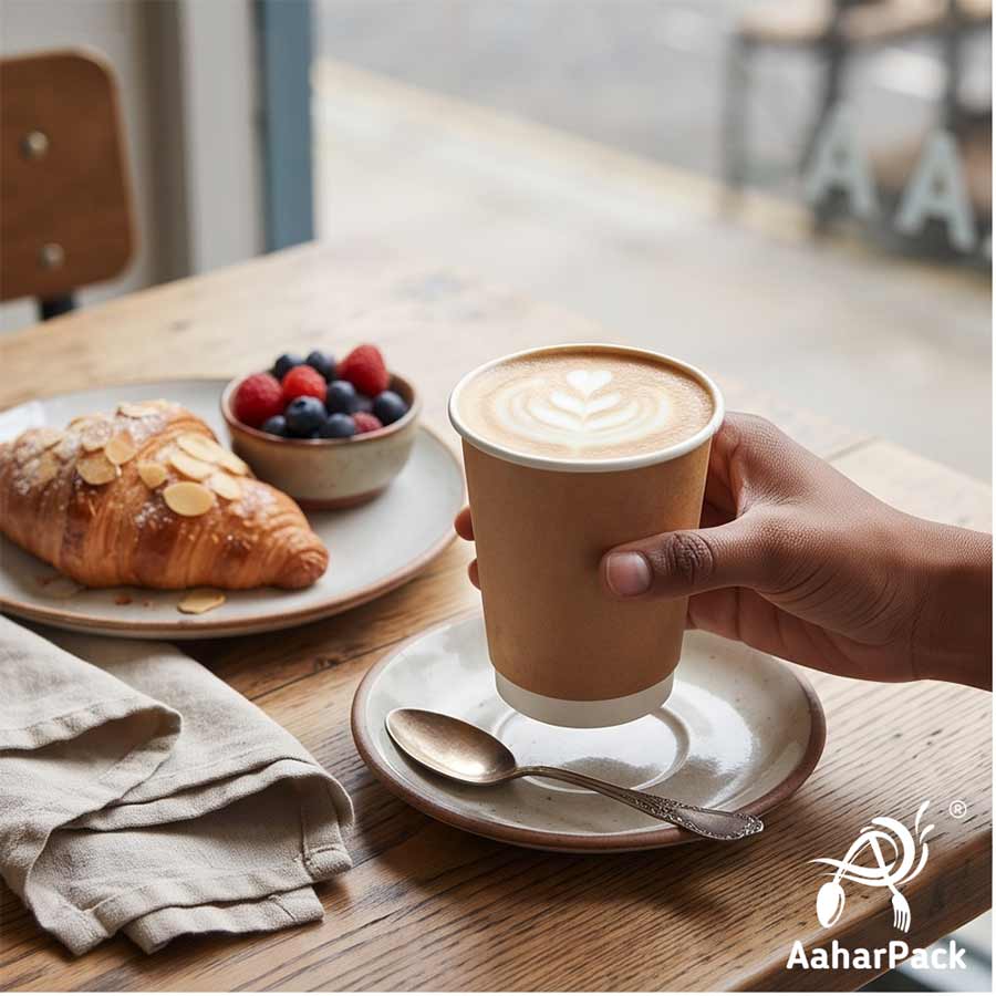 360 ML (12 oz) Kraft Double Wall Paper Cups with Bagasse Sipper Lids (Pack of 150) - 100% Plastic-Free Insulated Takeaway Cups