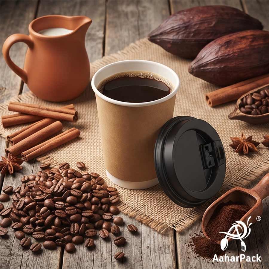 360 ML (12 oz) Kraft Double Wall Paper Cups with Lockable Black Sipper Lids (Pack of 200) - Spill-Proof Insulated Takeaway Cups