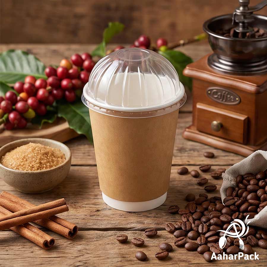 360 ML (12 oz) Kraft Double Wall Paper Cups With Dome Lids (Pack of 100) - Large Premium Insulated Eco-Friendly Coffee Cups