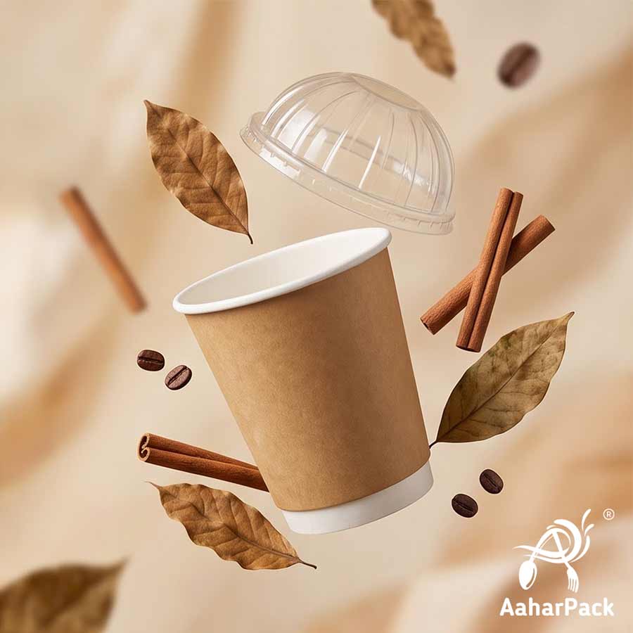360 ML (12 oz) Kraft Double Wall Paper Cups With Dome Lids (Pack of 100) - Large Premium Insulated Eco-Friendly Coffee Cups