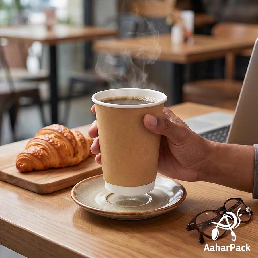 360 ML (12 oz) Kraft Double Wall Paper Cups with Lockable Black Sipper Lids (Pack of 200) - Spill-Proof Insulated Takeaway Cups