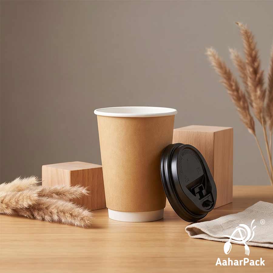360 ML (12 oz) Kraft Double Wall Paper Cups with Lockable Black Sipper Lids (Pack of 200) - Spill-Proof Insulated Takeaway Cups