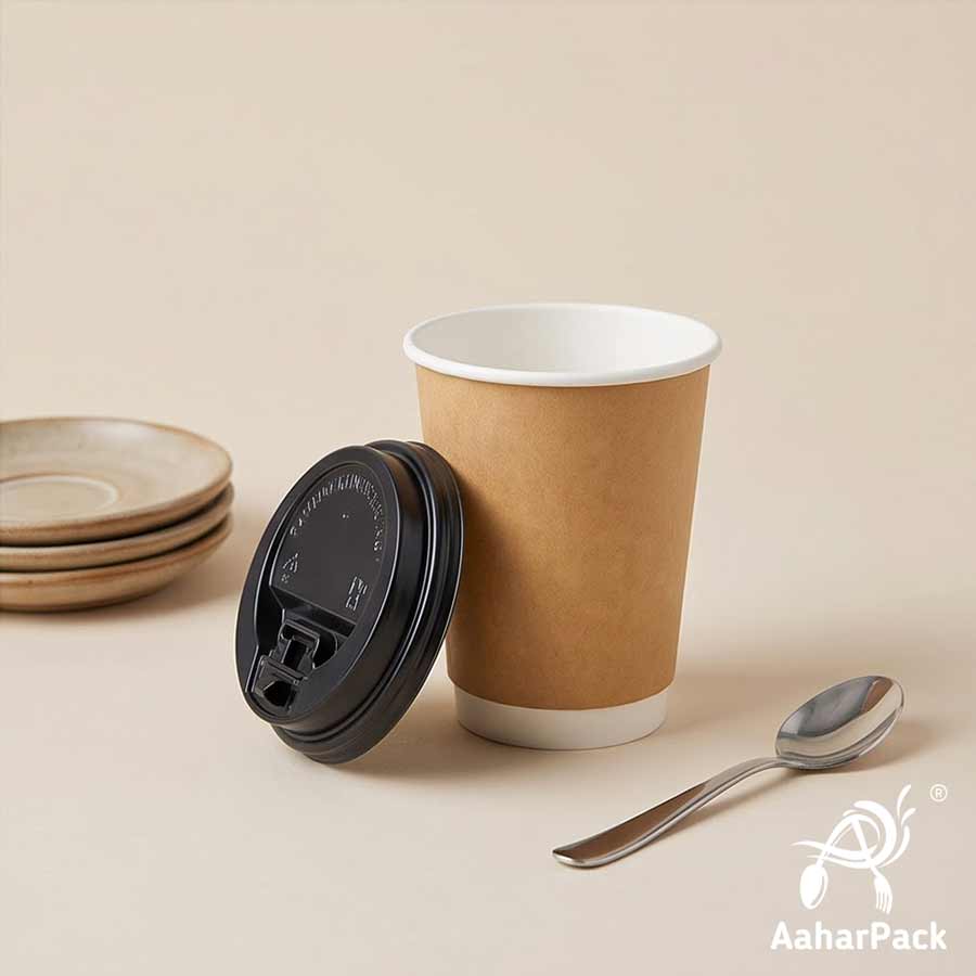 360 ML (12 oz) Kraft Double Wall Paper Cups with Lockable Black Sipper Lids (Pack of 200) - Spill-Proof Insulated Takeaway Cups