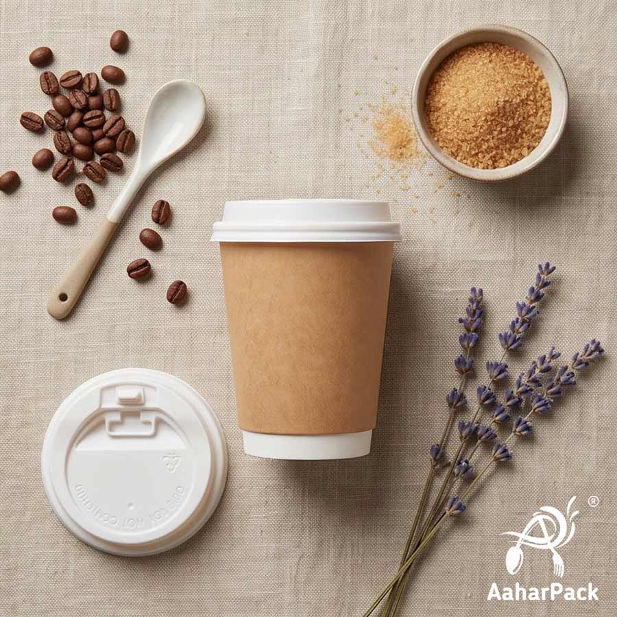 360 ML (12 oz) Kraft Double Wall Paper Cups with Lockable White Sipper Lids (Pack of 200) - Spill-Proof Insulated Takeaway Cups