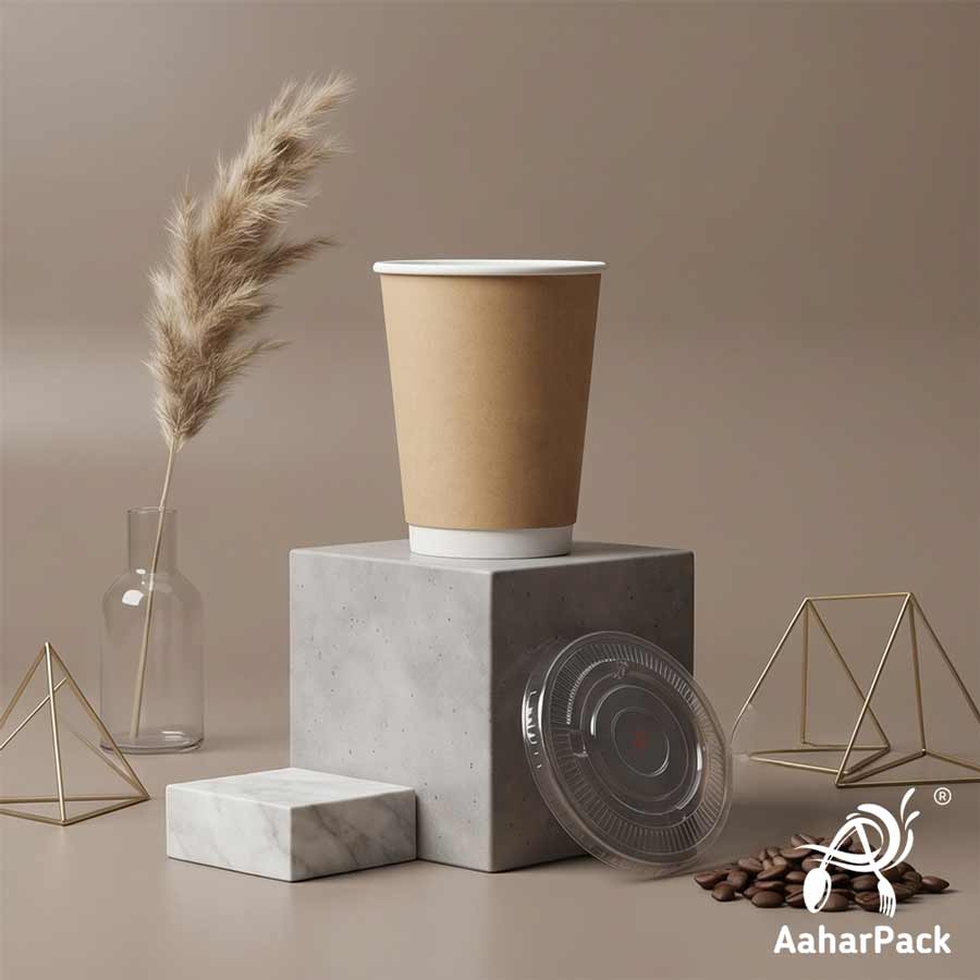 360 ML (12 oz) Kraft Double Wall Paper Cups With Flat Plastic Lids (Pack of 100) - Large Insulated Takeaway Coffee Cups
