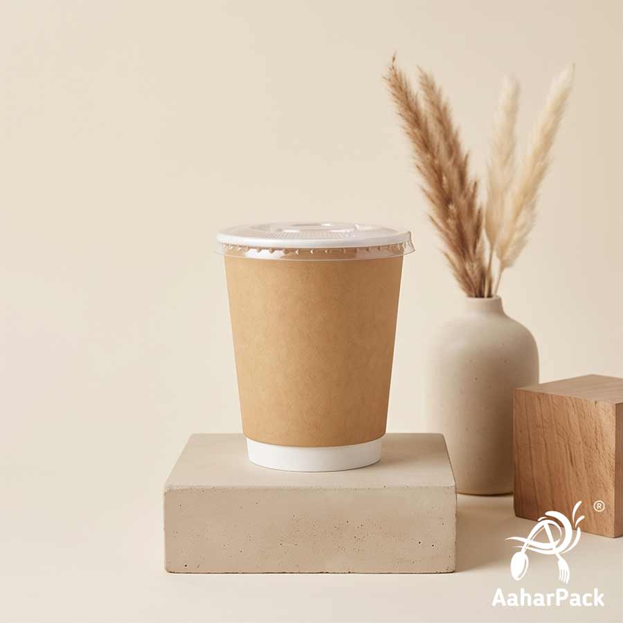 360 ML (12 oz) Kraft Double Wall Paper Cups With Flat Plastic Lids (Pack of 100) - Large Insulated Takeaway Coffee Cups