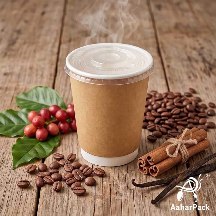 360 ML (12 oz) Kraft Double Wall Paper Cups With Flat Plastic Lids (Pack of 100) - Large Insulated Takeaway Coffee Cups