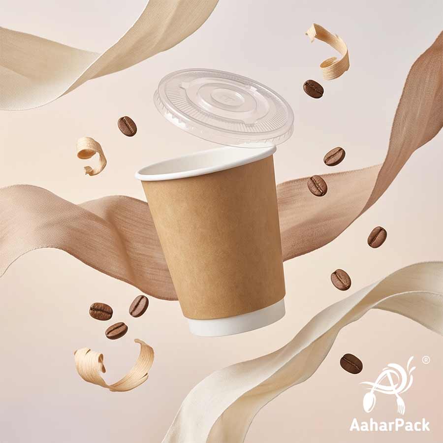 360 ML (12 oz) Kraft Double Wall Paper Cups With Flat Plastic Lids (Pack of 100) - Large Insulated Takeaway Coffee Cups