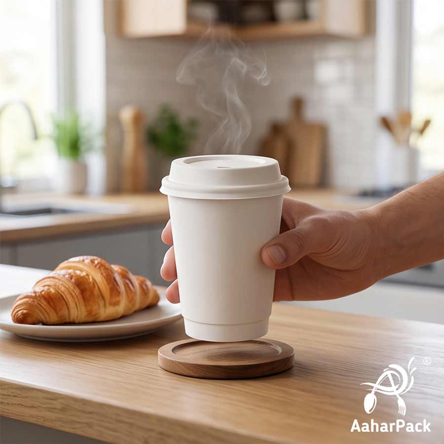 360 ML (12 oz) White Double Wall Paper Cups with Bagasse Sipper Lids (Pack of 150) - 100% Plastic-Free Insulated Takeaway Cups
