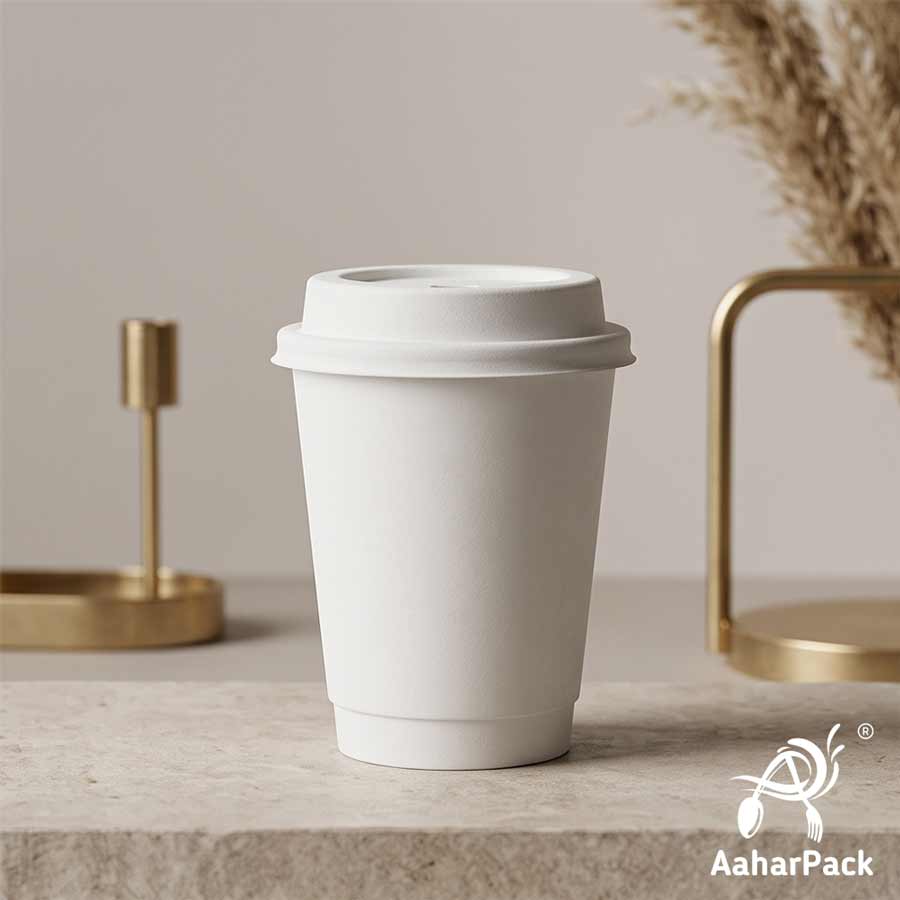 360 ML (12 oz) White Double Wall Paper Cups with Bagasse Sipper Lids (Pack of 150) - 100% Plastic-Free Insulated Takeaway Cups