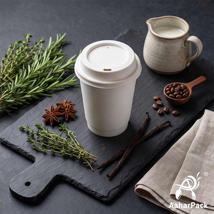 360 ML (12 oz) White Double Wall Paper Cups with Bagasse Sipper Lids (Pack of 150) - 100% Plastic-Free Insulated Takeaway Cups