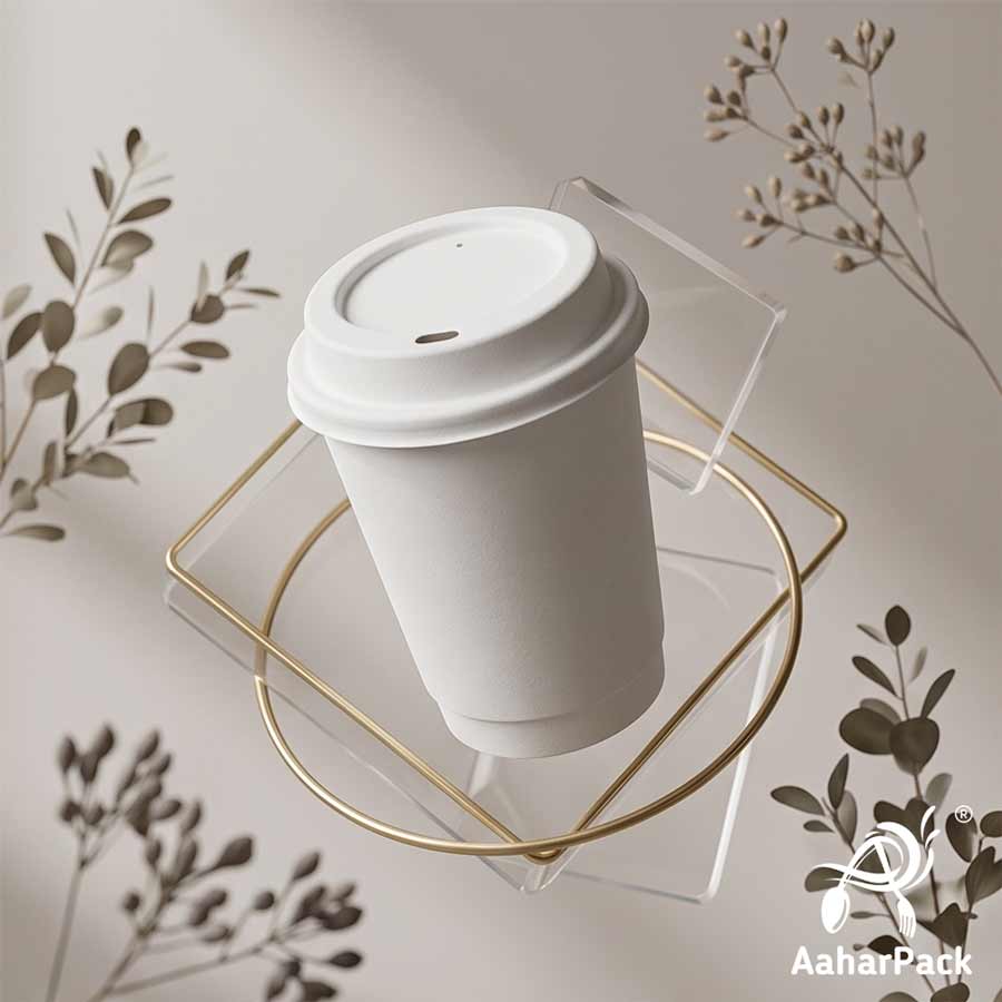 360 ML (12 oz) White Double Wall Paper Cups with Bagasse Sipper Lids (Pack of 150) - 100% Plastic-Free Insulated Takeaway Cups
