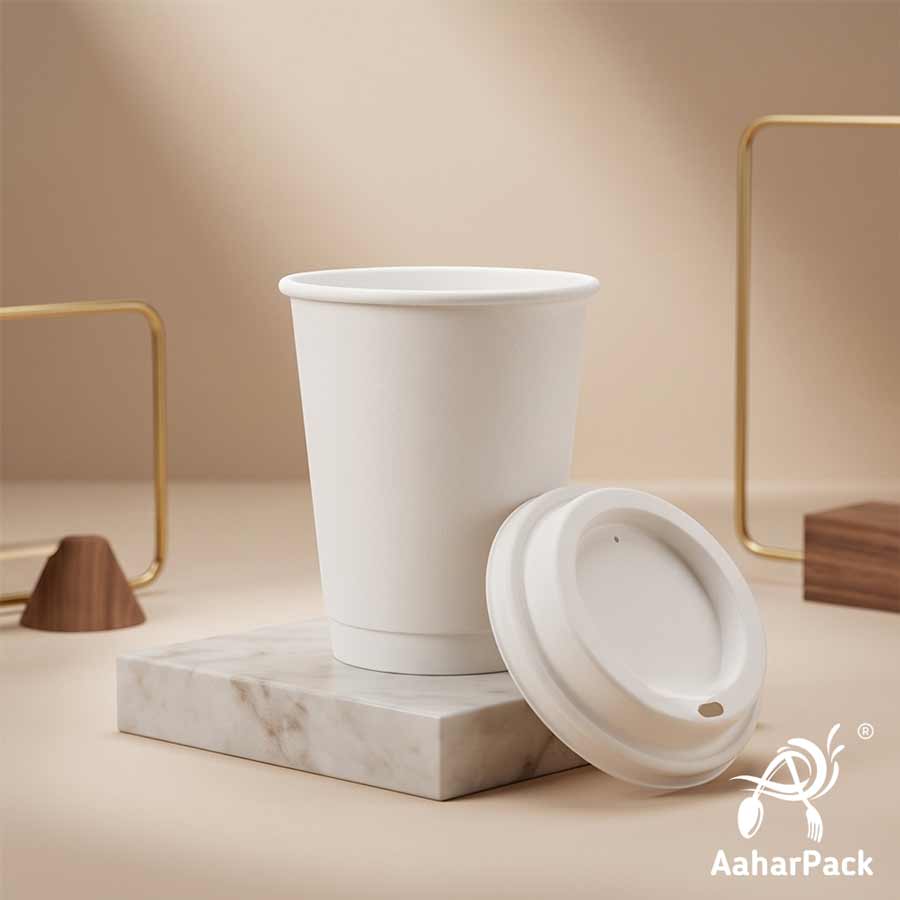 360 ML (12 oz) White Double Wall Paper Cups with Bagasse Sipper Lids (Pack of 150) - 100% Plastic-Free Insulated Takeaway Cups