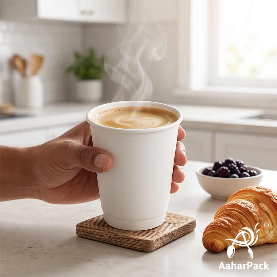 360 ML (12 oz) White Double Wall Paper Cups with Bagasse Sipper Lids (Pack of 150) - 100% Plastic-Free Insulated Takeaway Cups