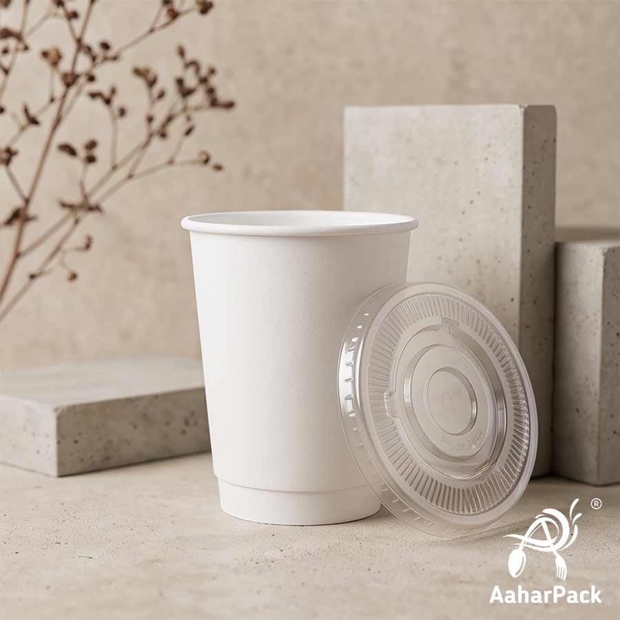 360 ML (12 oz) White Double Wall Paper Cups With Flat Plastic Lids (Pack of 100) - Large Insulated Takeaway Coffee Cups