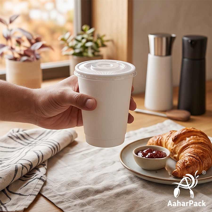 360 ML (12 oz) White Double Wall Paper Cups With Flat Plastic Lids (Pack of 100) - Large Insulated Takeaway Coffee Cups