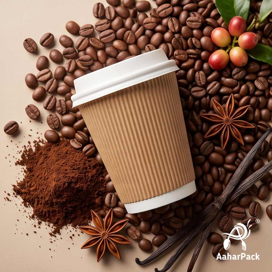 360 ML (12 oz) Kraft Ripple Wall Paper Cups with Bagasse Sipper Lids (Pack of 150) - 100% Plastic-Free Insulated Takeaway Cups