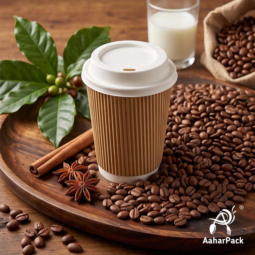 360 ML (12 oz) Kraft Ripple Wall Paper Cups with Bagasse Sipper Lids (Pack of 150) - 100% Plastic-Free Insulated Takeaway Cups