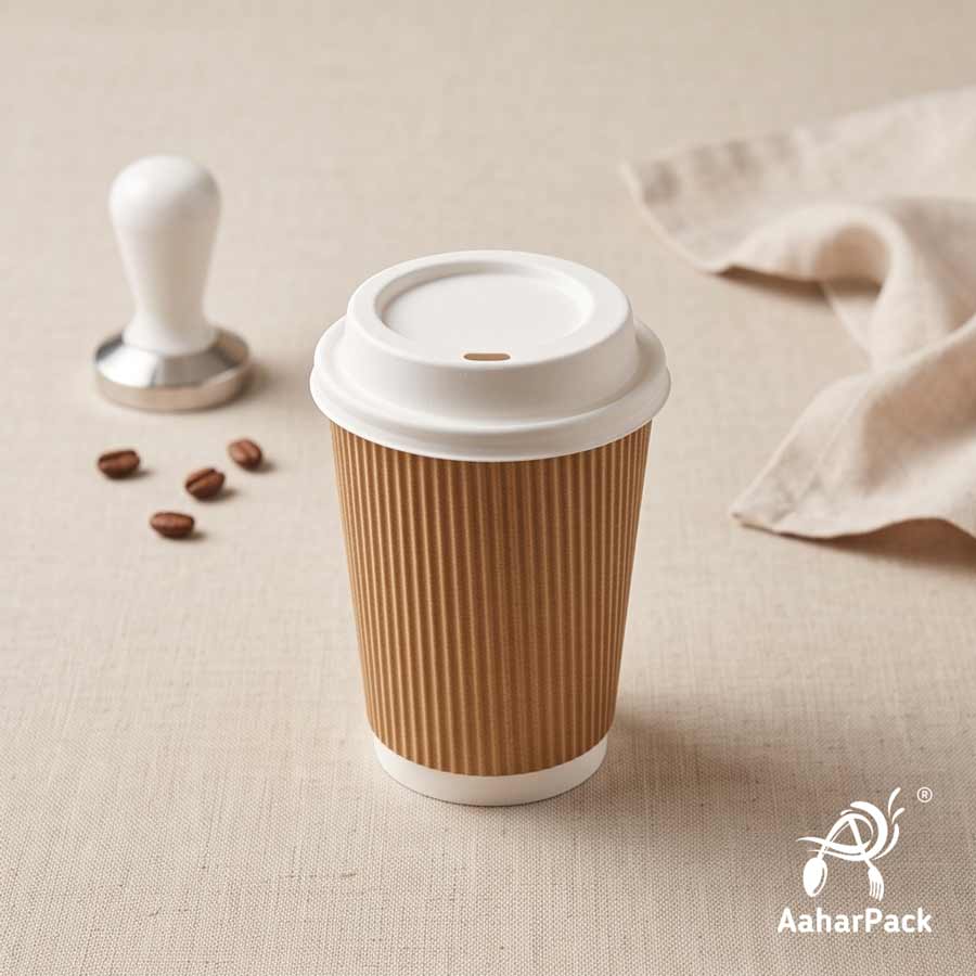 360 ML (12 oz) Kraft Ripple Wall Paper Cups with Bagasse Sipper Lids (Pack of 150) - 100% Plastic-Free Insulated Takeaway Cups