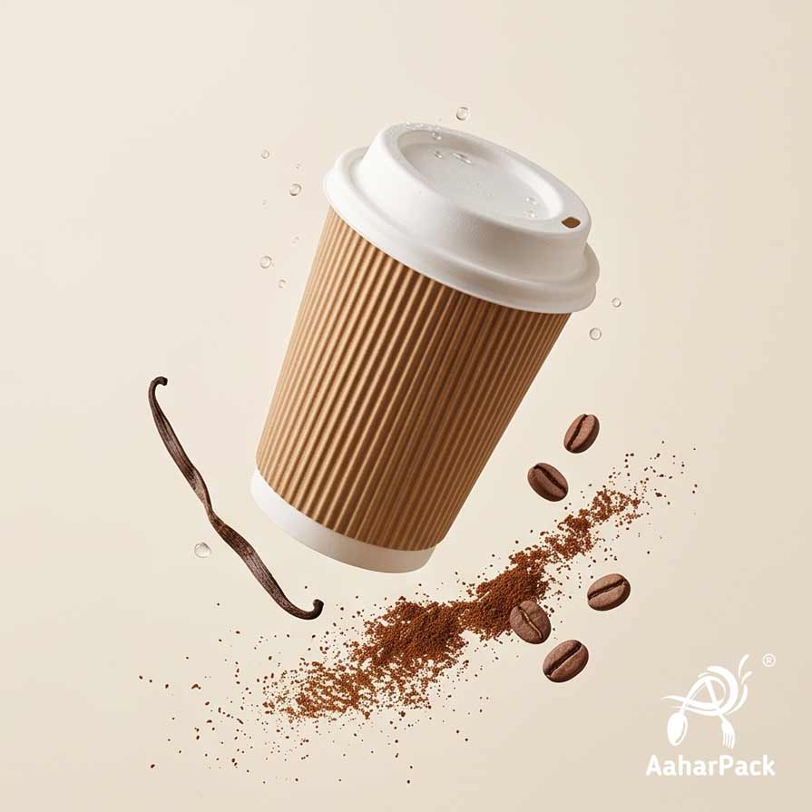 360 ML (12 oz) Kraft Ripple Wall Paper Cups with Bagasse Sipper Lids (Pack of 150) - 100% Plastic-Free Insulated Takeaway Cups