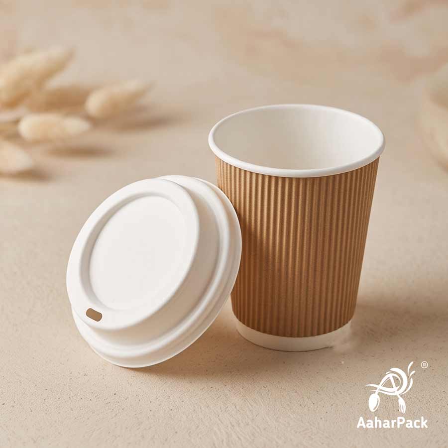 360 ML (12 oz) Kraft Ripple Wall Paper Cups with Bagasse Sipper Lids (Pack of 150) - 100% Plastic-Free Insulated Takeaway Cups