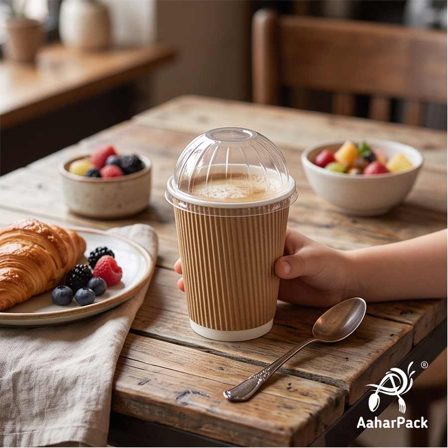 360 ML (12 oz) Kraft Ripple Wall Paper Cups With Dome Lids (Pack of 100) - Large Premium Insulated Eco-Friendly Coffee Cups