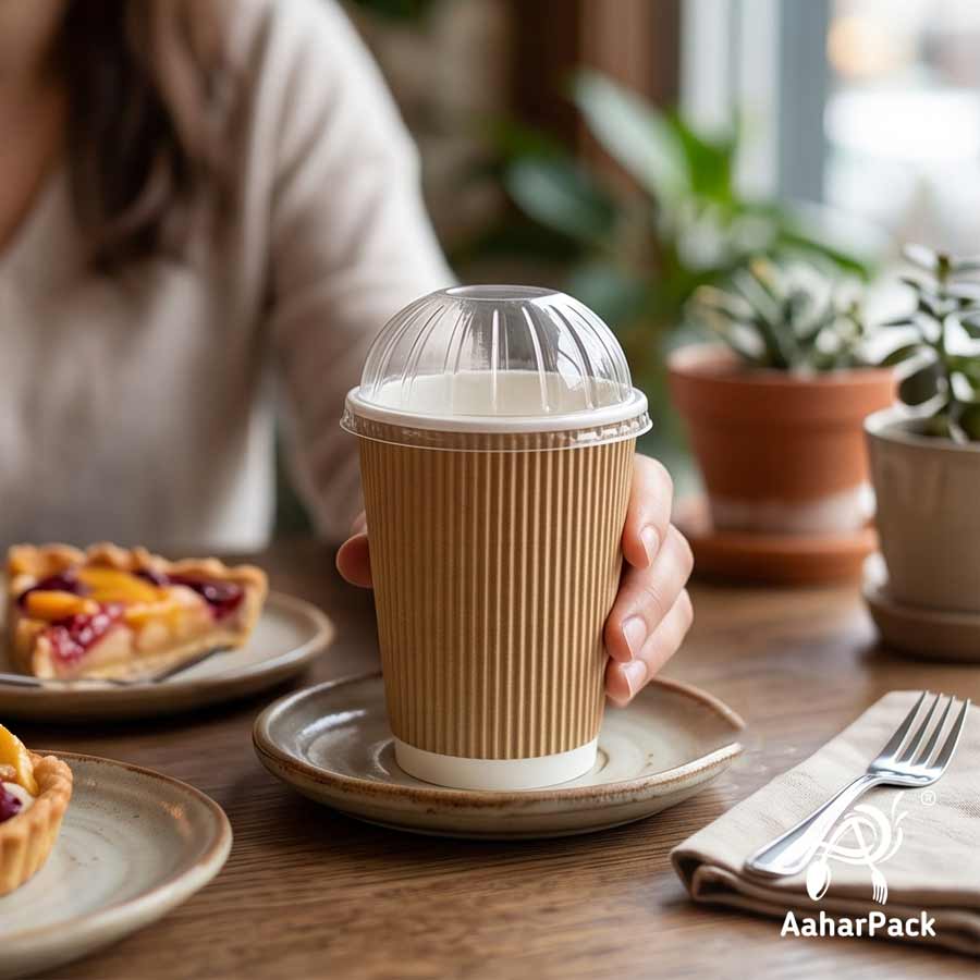 360 ML (12 oz) Kraft Ripple Wall Paper Cups With Dome Lids (Pack of 100) - Large Premium Insulated Eco-Friendly Coffee Cups