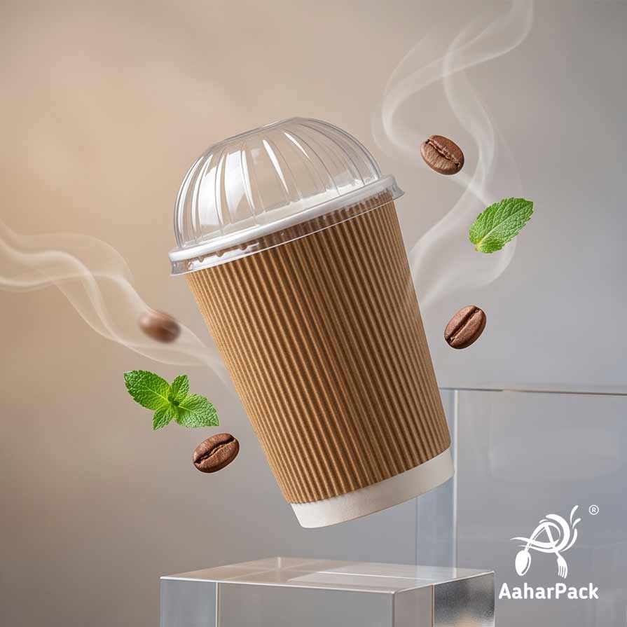 360 ML (12 oz) Kraft Ripple Wall Paper Cups With Dome Lids (Pack of 100) - Large Premium Insulated Eco-Friendly Coffee Cups