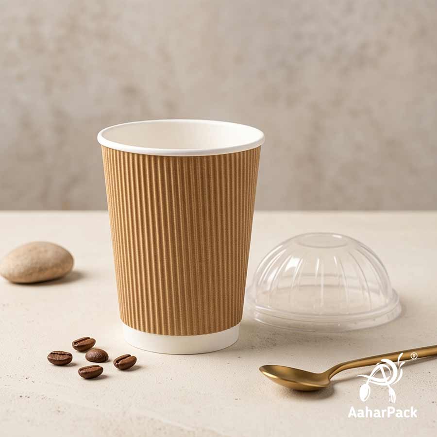 360 ML (12 oz) Kraft Ripple Wall Paper Cups With Dome Lids (Pack of 100) - Large Premium Insulated Eco-Friendly Coffee Cups