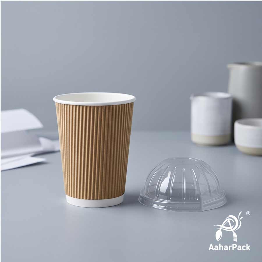 360 ML (12 oz) Kraft Ripple Wall Paper Cups With Dome Lids (Pack of 100) - Large Premium Insulated Eco-Friendly Coffee Cups
