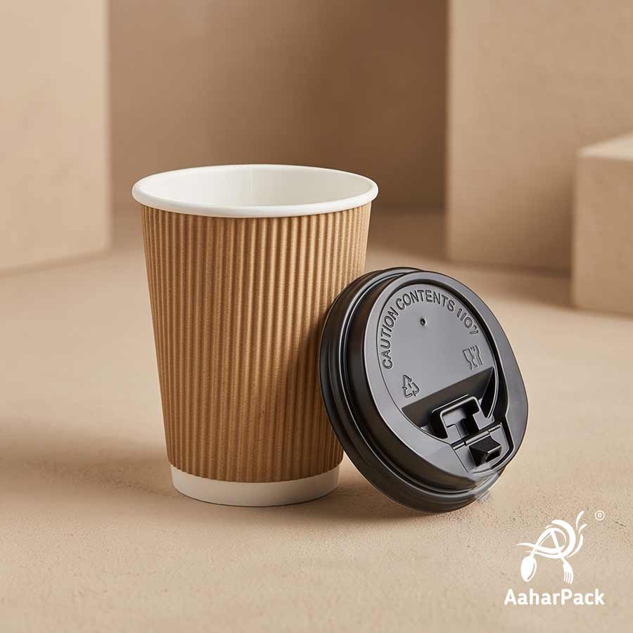 360 ML (12 oz) Kraft Ripple Wall Paper Cups with Lockable Black Sipper Lids (Pack of 150) - Spill-Proof Insulated Takeaway Cups