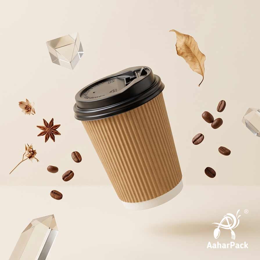 360 ML (12 oz) Kraft Ripple Wall Paper Cups with Lockable Black Sipper Lids (Pack of 150) - Spill-Proof Insulated Takeaway Cups