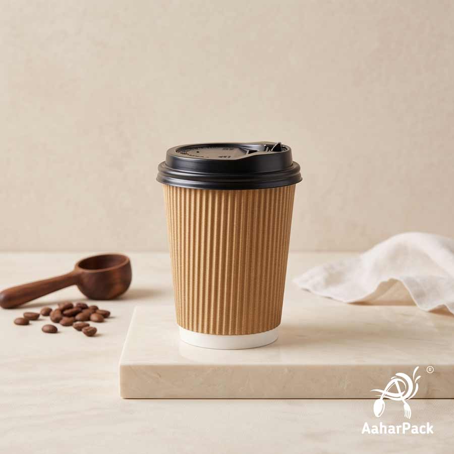 360 ML (12 oz) Kraft Ripple Wall Paper Cups with Lockable Black Sipper Lids (Pack of 150) - Spill-Proof Insulated Takeaway Cups