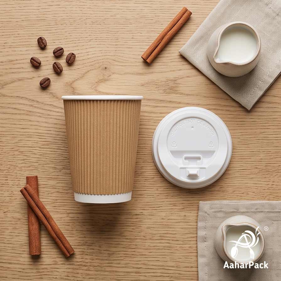 360 ML (12 oz) Kraft Ripple Wall Paper Cups with Lockable White Sipper Lids (Pack of 150) - Spill-Proof Insulated Takeaway Cups