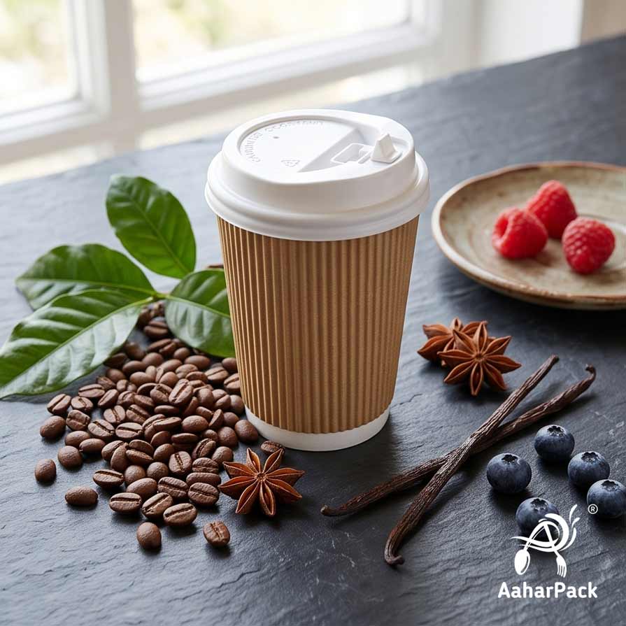 360 ML (12 oz) Kraft Ripple Wall Paper Cups with Lockable White Sipper Lids (Pack of 150) - Spill-Proof Insulated Takeaway Cups