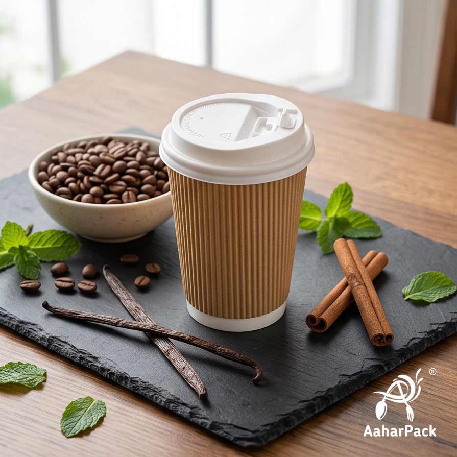 360 ML (12 oz) Kraft Ripple Wall Paper Cups with Lockable White Sipper Lids (Pack of 150) - Spill-Proof Insulated Takeaway Cups