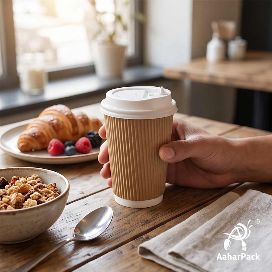 360 ML (12 oz) Kraft Ripple Wall Paper Cups with Lockable White Sipper Lids (Pack of 150) - Spill-Proof Insulated Takeaway Cups