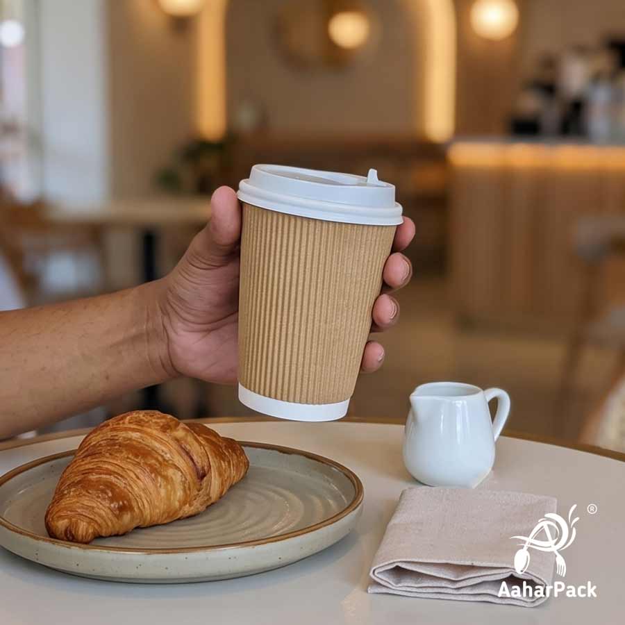 360 ML (12 oz) Kraft Ripple Wall Paper Cups with Lockable White Sipper Lids (Pack of 150) - Spill-Proof Insulated Takeaway Cups