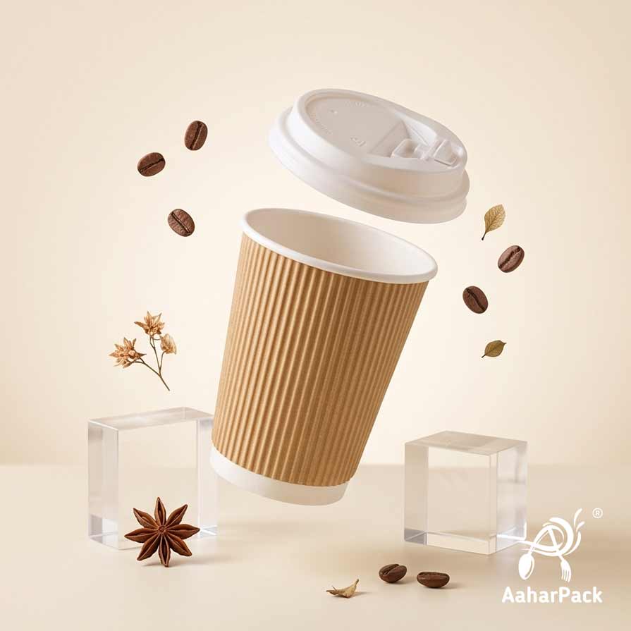 360 ML (12 oz) Kraft Ripple Wall Paper Cups with Lockable White Sipper Lids (Pack of 150) - Spill-Proof Insulated Takeaway Cups