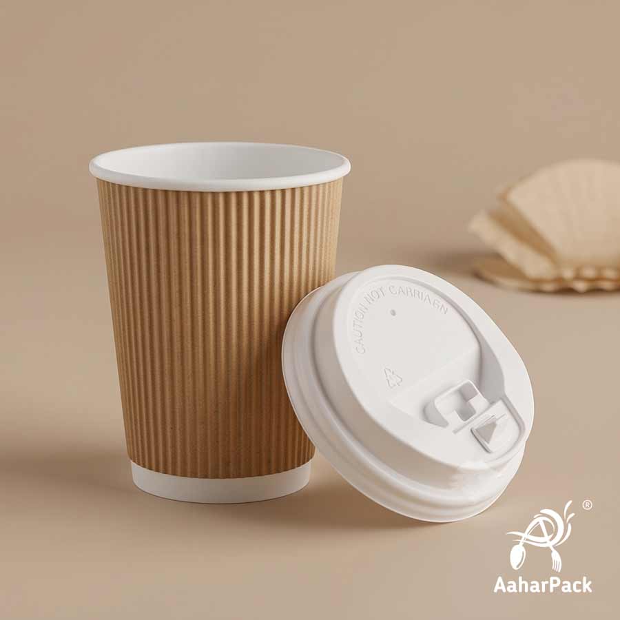 360 ML (12 oz) Kraft Ripple Wall Paper Cups with Lockable White Sipper Lids (Pack of 150) - Spill-Proof Insulated Takeaway Cups