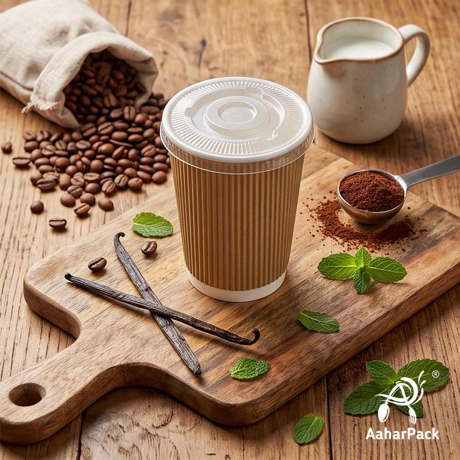 360 ML (12 oz) Kraft Ripple Wall Paper Cups With Flat Plastic Lids (Pack of 100) - Large Premium Insulated Eco-Friendly Coffee Cups