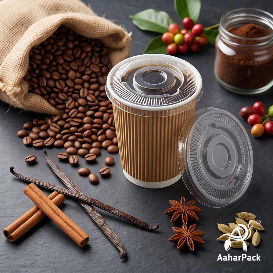 360 ML (12 oz) Kraft Ripple Wall Paper Cups With Flat Plastic Lids (Pack of 100) - Large Premium Insulated Eco-Friendly Coffee Cups