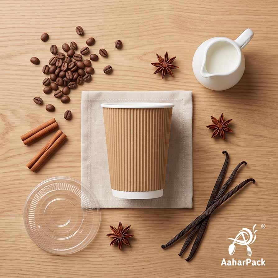 360 ML (12 oz) Kraft Ripple Wall Paper Cups With Flat Plastic Lids (Pack of 100) - Large Premium Insulated Eco-Friendly Coffee Cups