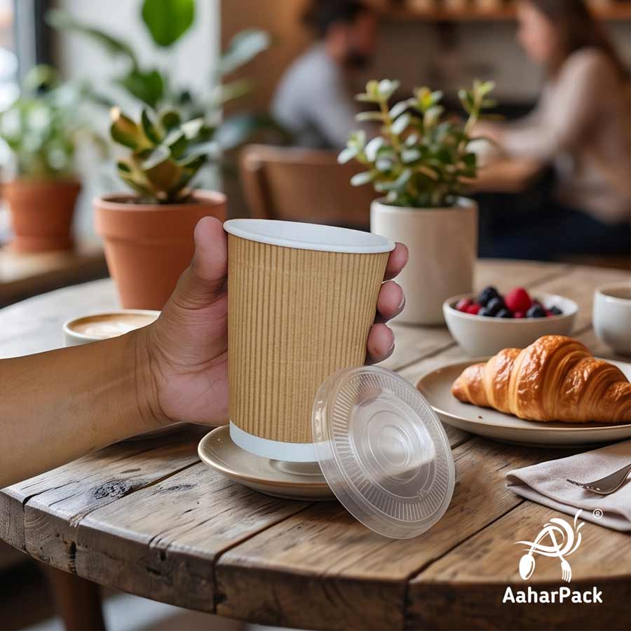 360 ML (12 oz) Kraft Ripple Wall Paper Cups With Flat Plastic Lids (Pack of 100) - Large Premium Insulated Eco-Friendly Coffee Cups