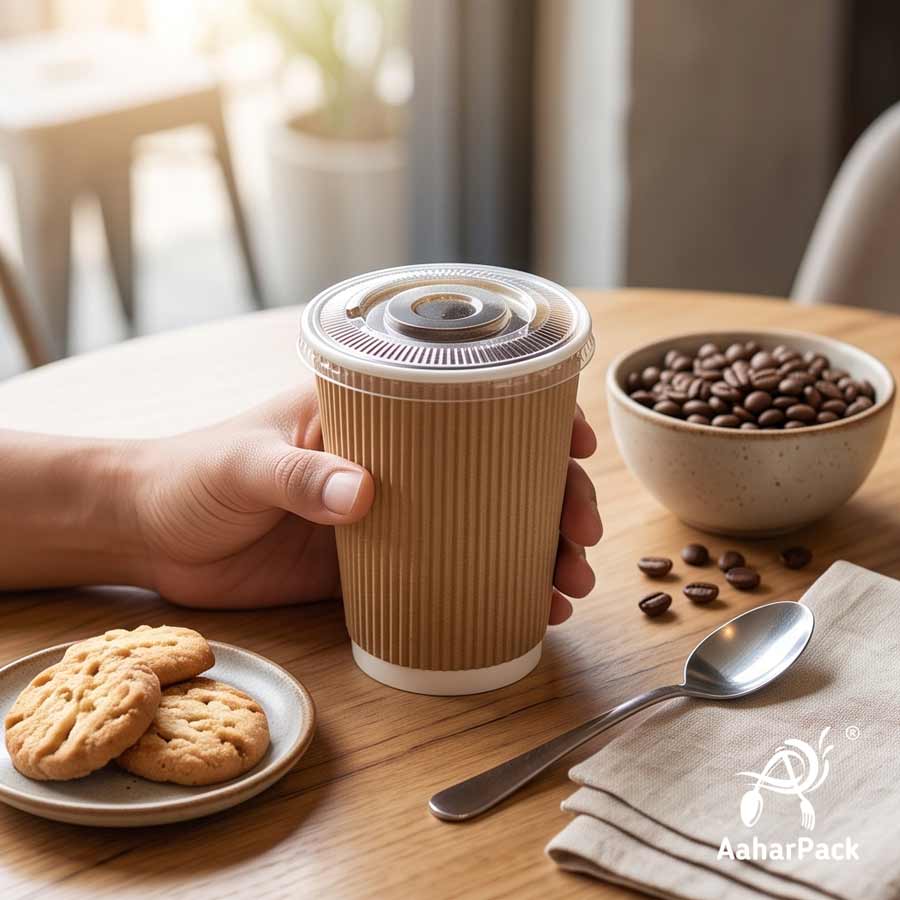 360 ML (12 oz) Kraft Ripple Wall Paper Cups With Flat Plastic Lids (Pack of 100) - Large Premium Insulated Eco-Friendly Coffee Cups