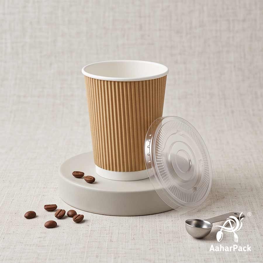 360 ML (12 oz) Kraft Ripple Wall Paper Cups With Flat Plastic Lids (Pack of 100) - Large Premium Insulated Eco-Friendly Coffee Cups