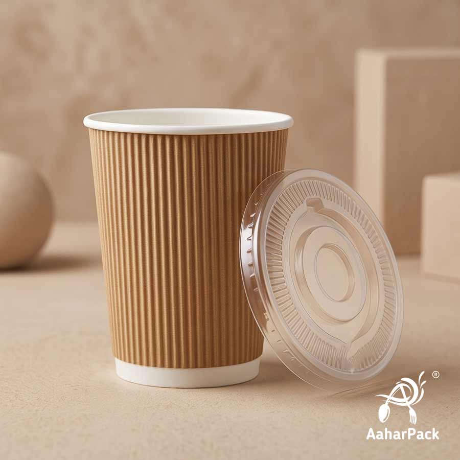 360 ML (12 oz) Kraft Ripple Wall Paper Cups With Flat Plastic Lids (Pack of 100) - Large Premium Insulated Eco-Friendly Coffee Cups