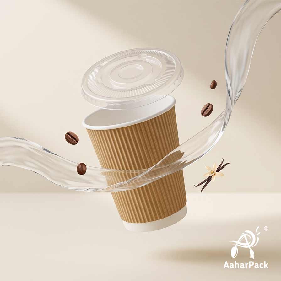 360 ML (12 oz) Kraft Ripple Wall Paper Cups With Flat Plastic Lids (Pack of 100) - Large Premium Insulated Eco-Friendly Coffee Cups
