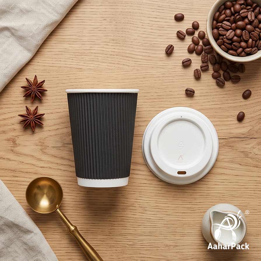 360 ML (12 oz) Black Ripple Wall Paper Cups with Bagasse Sipper Lids (Pack of 150) - 100% Plastic-Free Insulated Takeaway Cups