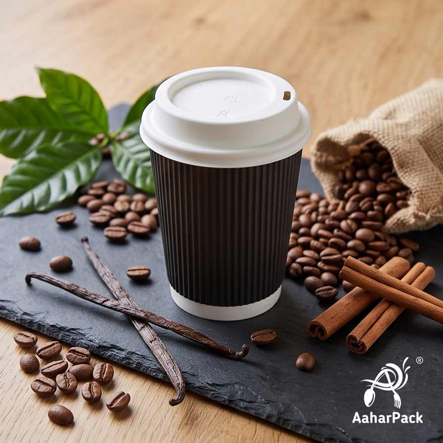 360 ML (12 oz) Black Ripple Wall Paper Cups with Bagasse Sipper Lids (Pack of 150) - 100% Plastic-Free Insulated Takeaway Cups